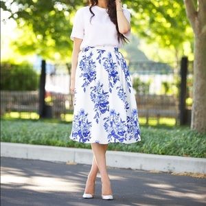 Chicwish Blue Floral Pleated Midi Skirt